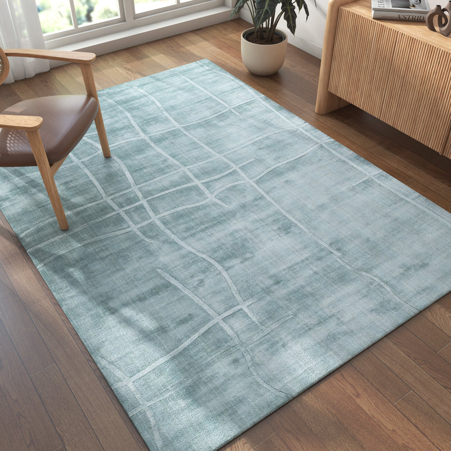 Carpet For Living room 6X9 Feet Blue Viscose Rectangle Solid Rug - I MEAN DESIGN