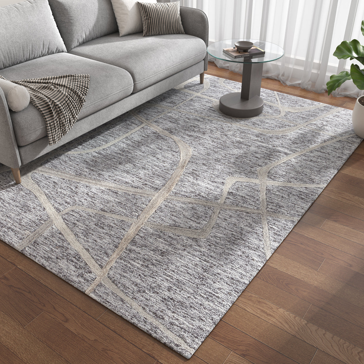 Carpet For Living room 4X6 Feet Grey And Black Wool & Viscose Rectangle Moroccan And Tribal Rug