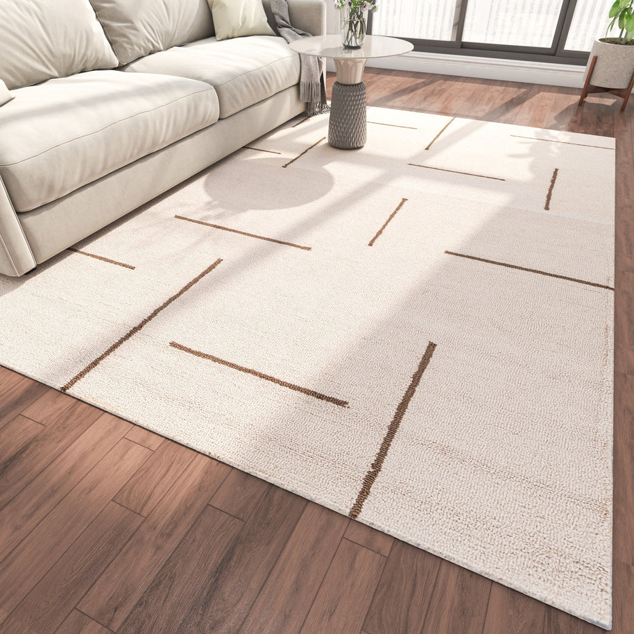 Carpet For Living room 4X6 Feet Beige And Brown Wool & Viscose Rectangle Moroccan And Tribal Rug - I MEAN DESIGN