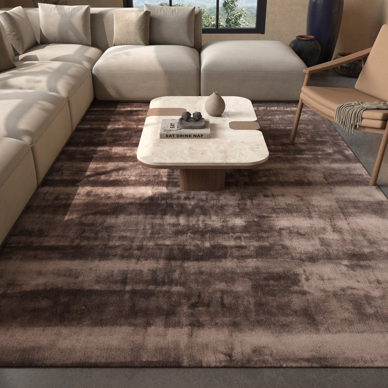 Carpet For Living room 6X9 Feet Beige And Brown Viscose Rectangle Solid Rug - I MEAN DESIGN