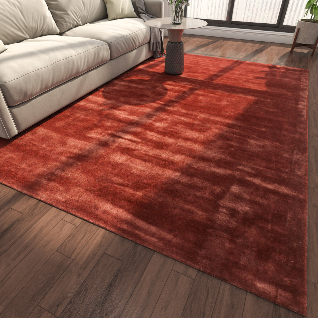 Carpet For Living room 5X8 Feet Red And Orange Viscose Rectangle Solid Rug
