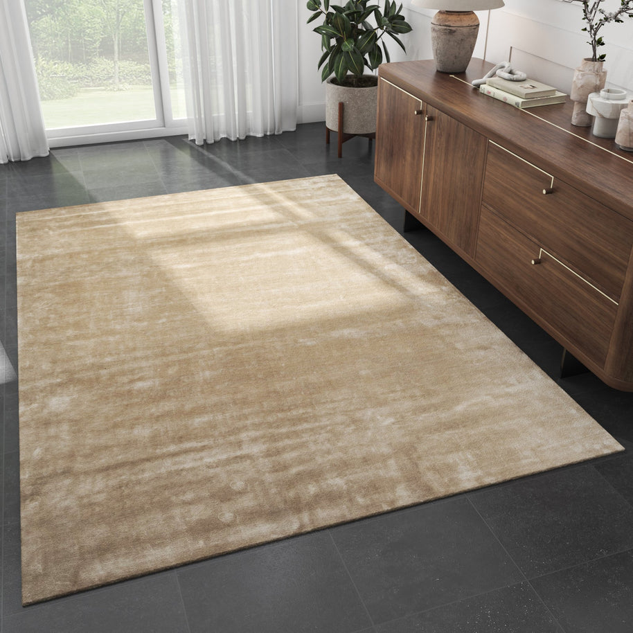 Carpet For Living room 4X6 Feet Beige And Brown Viscose Rectangle Solid Rug - I MEAN DESIGN