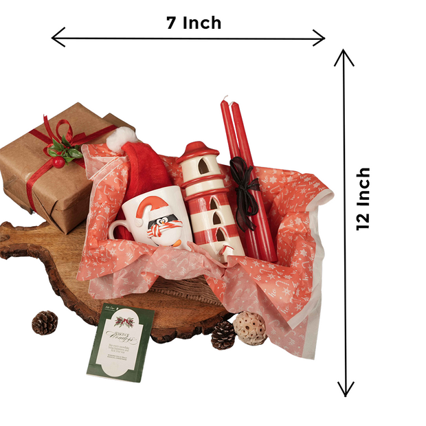 Santa Merry Magic Set – Christmas Gift Hamper with Penguin Mug, Santa Cap, Candles & Tealight House | Premium Festive Gift Box India