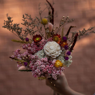 Close up of Serene Garden dried flower bouquet with premium floral arrangement