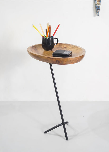 industrial side table teak wood iron frame 