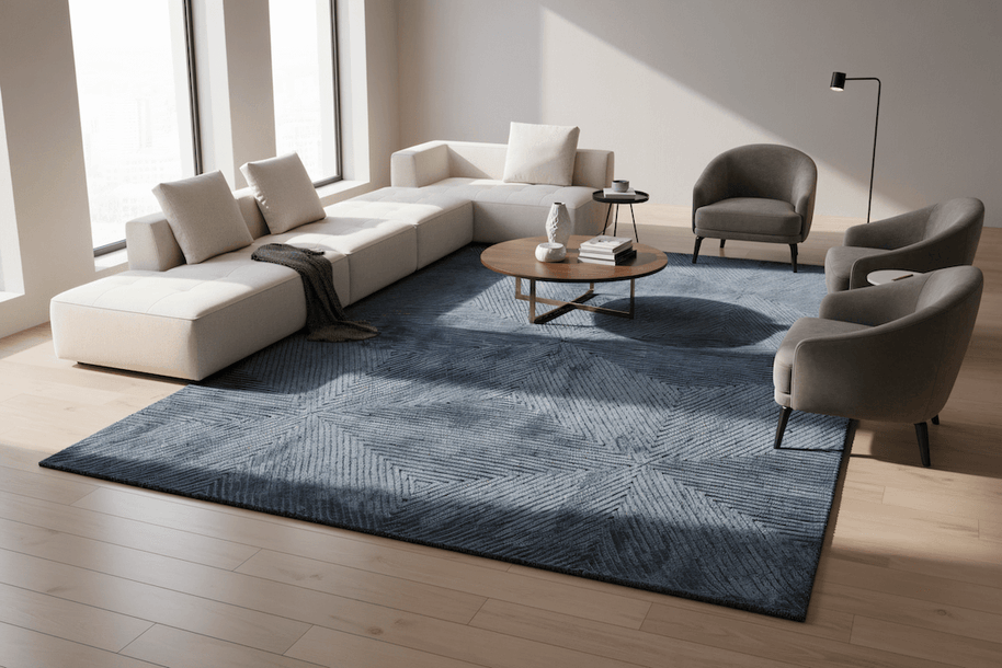 C O N T O U R - V E D E Z luxury handmade rug by Cherom in rich indigo New Zealand wool.