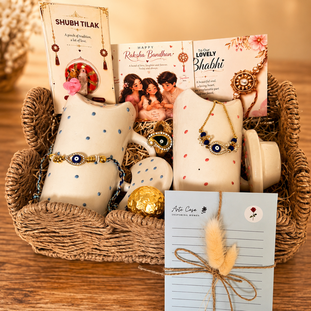 Perfect Jodi Rakhi Gift Hamper | Premium Bhai Bhabhi Rakhi Gift Set with Ceramic Tumbler - https://artecasa.in/
