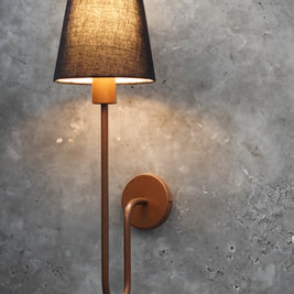 Urban Elegance Wall Lamp with a sleek black lampshade and copper-colored metal arm, mounted on a wall