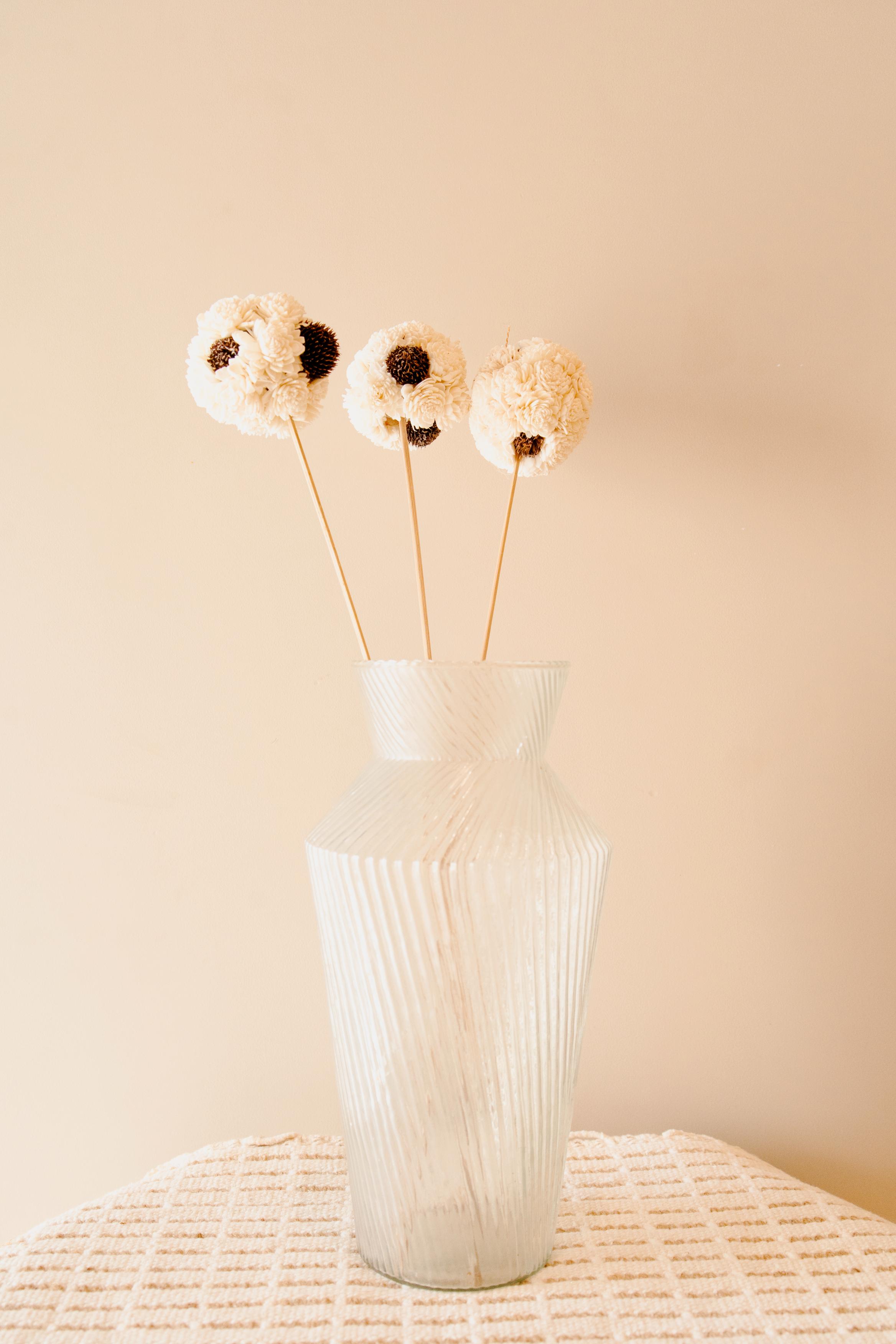 Handmade white sola flower ball sticks used for aesthetic home decor and elegant interior styling