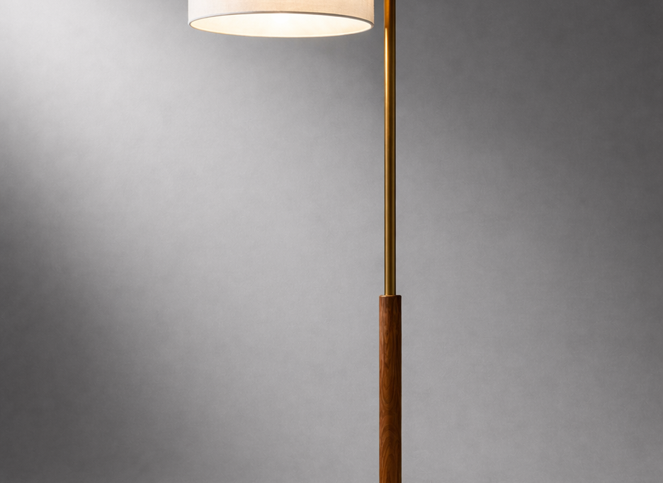 Floor lamp with a white shade and gold base on a gray background